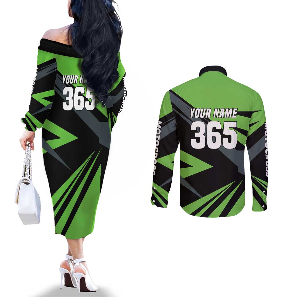 Custom Green Extreme Motocross Couples Matching Off The Shoulder Long Sleeve Dress and Long Sleeve Button Shirt Dirt Bike Rider Design - Wonder Print Shop