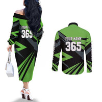 Custom Green Extreme Motocross Couples Matching Off The Shoulder Long Sleeve Dress and Long Sleeve Button Shirt Dirt Bike Rider Design - Wonder Print Shop