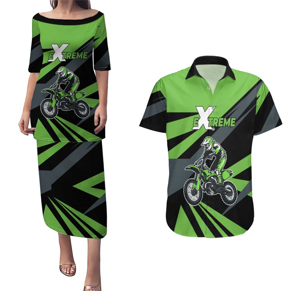 Custom Green Extreme Motocross Couples Matching Puletasi and Hawaiian Shirt Dirt Bike Rider Design - Wonder Print Shop