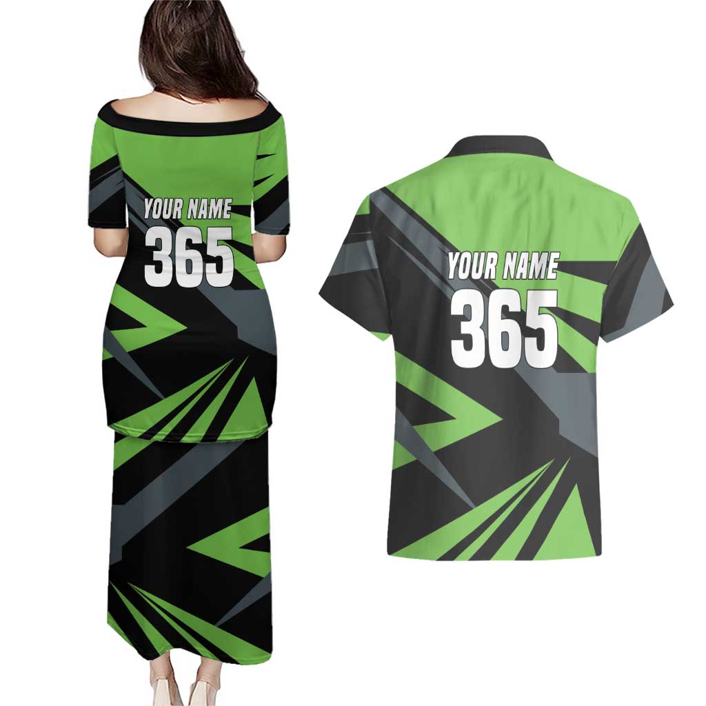 Custom Green Extreme Motocross Couples Matching Puletasi and Hawaiian Shirt Dirt Bike Rider Design - Wonder Print Shop
