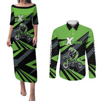 Custom Green Extreme Motocross Couples Matching Puletasi and Long Sleeve Button Shirt Dirt Bike Rider Design - Wonder Print Shop