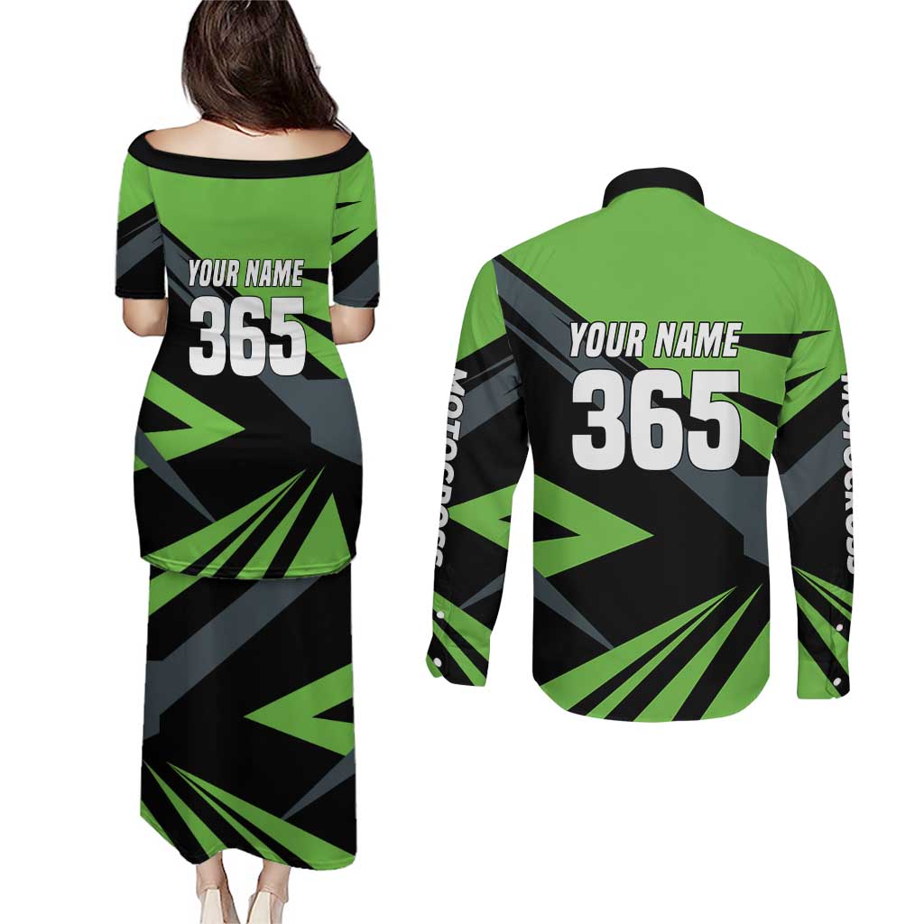Custom Green Extreme Motocross Couples Matching Puletasi and Long Sleeve Button Shirt Dirt Bike Rider Design - Wonder Print Shop