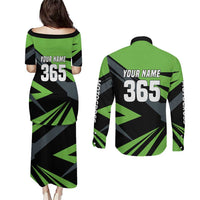 Custom Green Extreme Motocross Couples Matching Puletasi and Long Sleeve Button Shirt Dirt Bike Rider Design - Wonder Print Shop