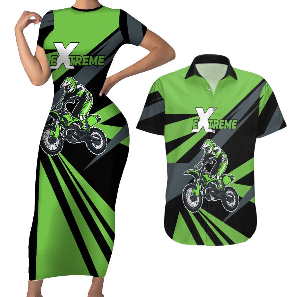 Custom Green Extreme Motocross Couples Matching Short Sleeve Bodycon Dress and Hawaiian Shirt Dirt Bike Rider Design - Wonder Print Shop