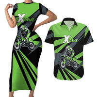 Custom Green Extreme Motocross Couples Matching Short Sleeve Bodycon Dress and Hawaiian Shirt Dirt Bike Rider Design - Wonder Print Shop