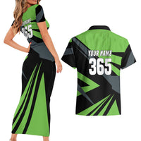 Custom Green Extreme Motocross Couples Matching Short Sleeve Bodycon Dress and Hawaiian Shirt Dirt Bike Rider Design - Wonder Print Shop