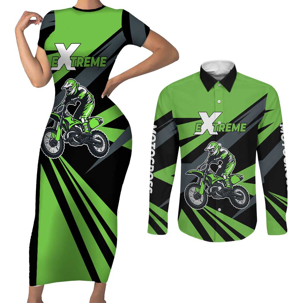 Custom Green Extreme Motocross Couples Matching Short Sleeve Bodycon Dress and Long Sleeve Button Shirt Dirt Bike Rider Design - Wonder Print Shop