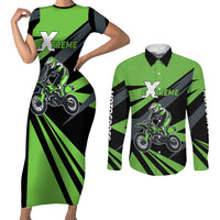 Custom Green Extreme Motocross Couples Matching Short Sleeve Bodycon Dress and Long Sleeve Button Shirt Dirt Bike Rider Design - Wonder Print Shop