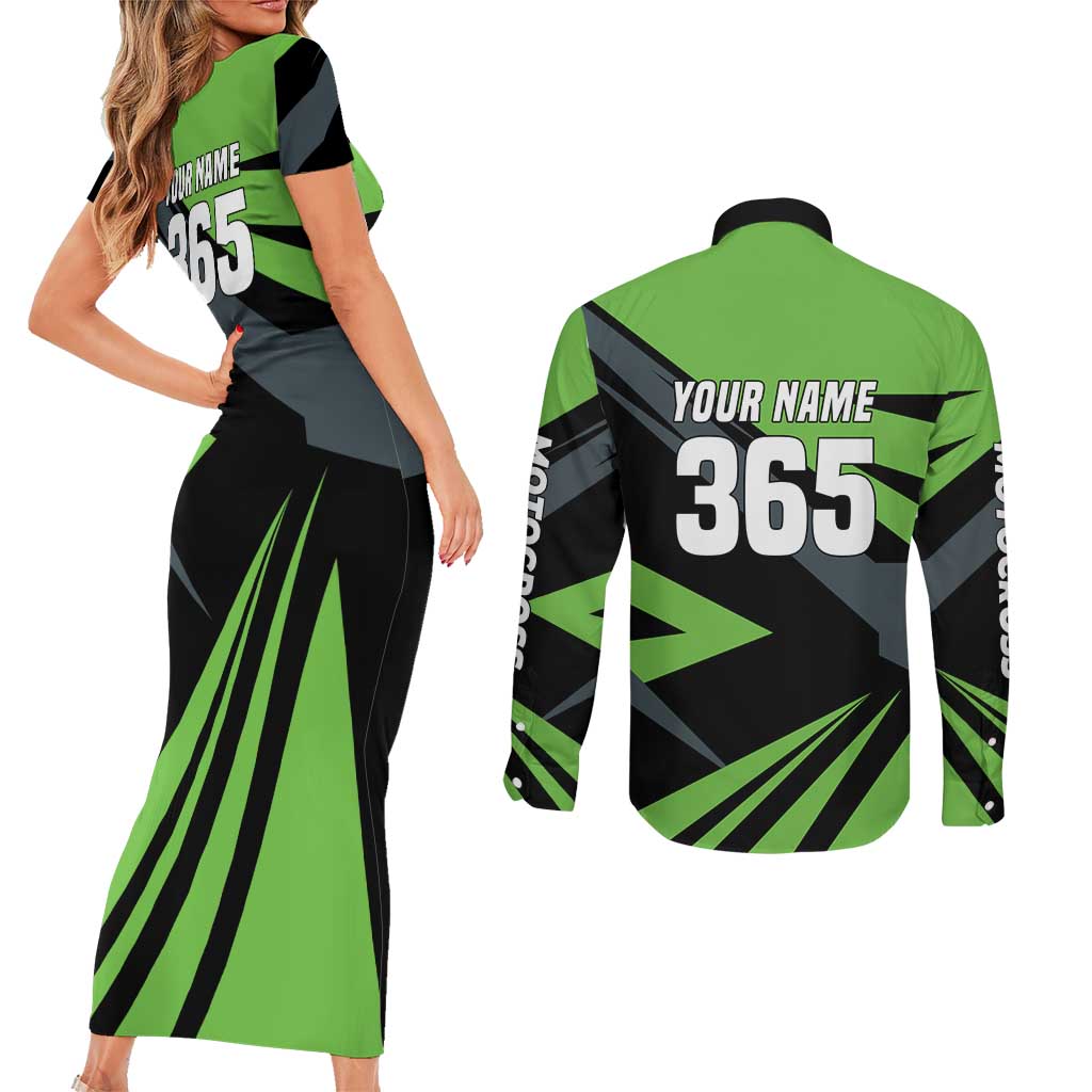Custom Green Extreme Motocross Couples Matching Short Sleeve Bodycon Dress and Long Sleeve Button Shirt Dirt Bike Rider Design - Wonder Print Shop