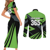 Custom Green Extreme Motocross Couples Matching Short Sleeve Bodycon Dress and Long Sleeve Button Shirt Dirt Bike Rider Design - Wonder Print Shop