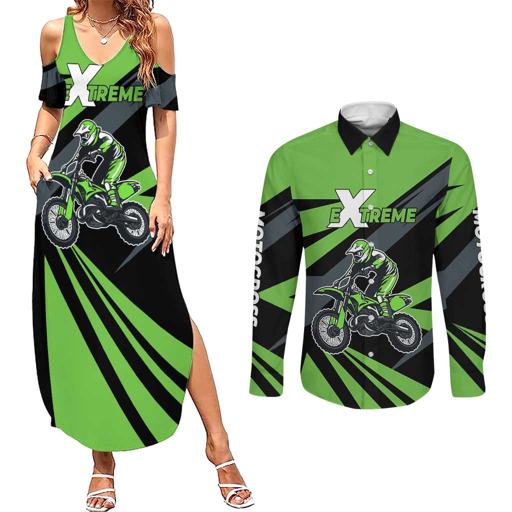 Custom Green Extreme Motocross Couples Matching Summer Maxi Dress and Long Sleeve Button Shirt Dirt Bike Rider Design - Wonder Print Shop