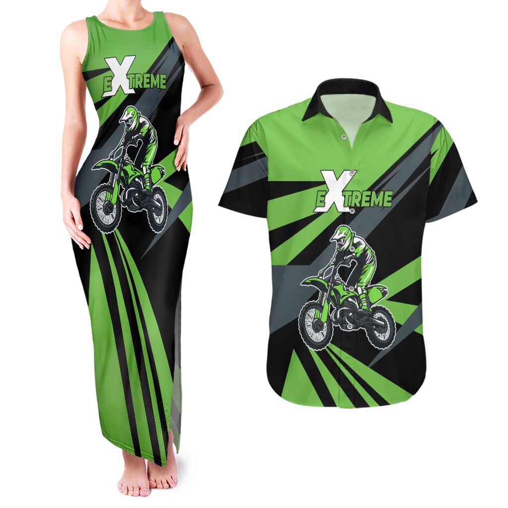 Custom Green Extreme Motocross Couples Matching Tank Maxi Dress and Hawaiian Shirt Dirt Bike Rider Design - Wonder Print Shop