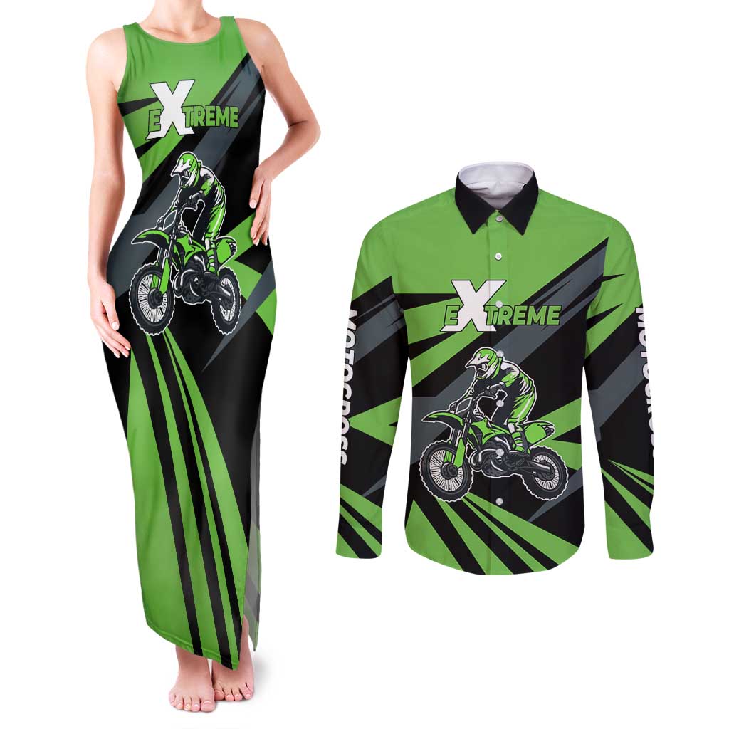 Custom Green Extreme Motocross Couples Matching Tank Maxi Dress and Long Sleeve Button Shirt Dirt Bike Rider Design - Wonder Print Shop