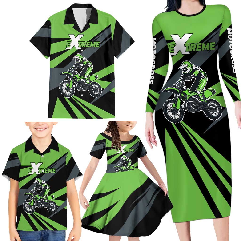 Custom Green Extreme Motocross Family Matching Long Sleeve Bodycon Dress and Hawaiian Shirt Dirt Bike Rider Design - Wonder Print Shop