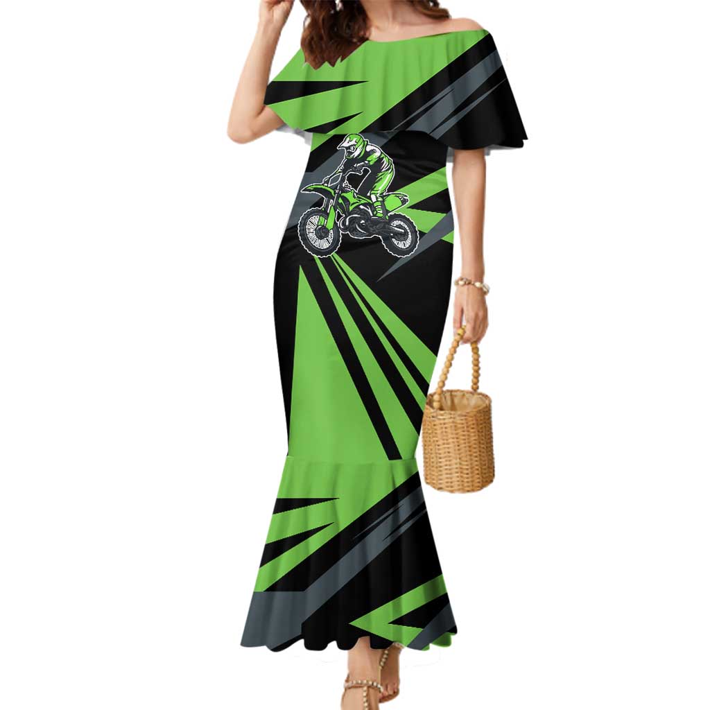 Custom Green Extreme Motocross Family Matching Mermaid Dress and Hawaiian Shirt Dirt Bike Rider Design - Wonder Print Shop