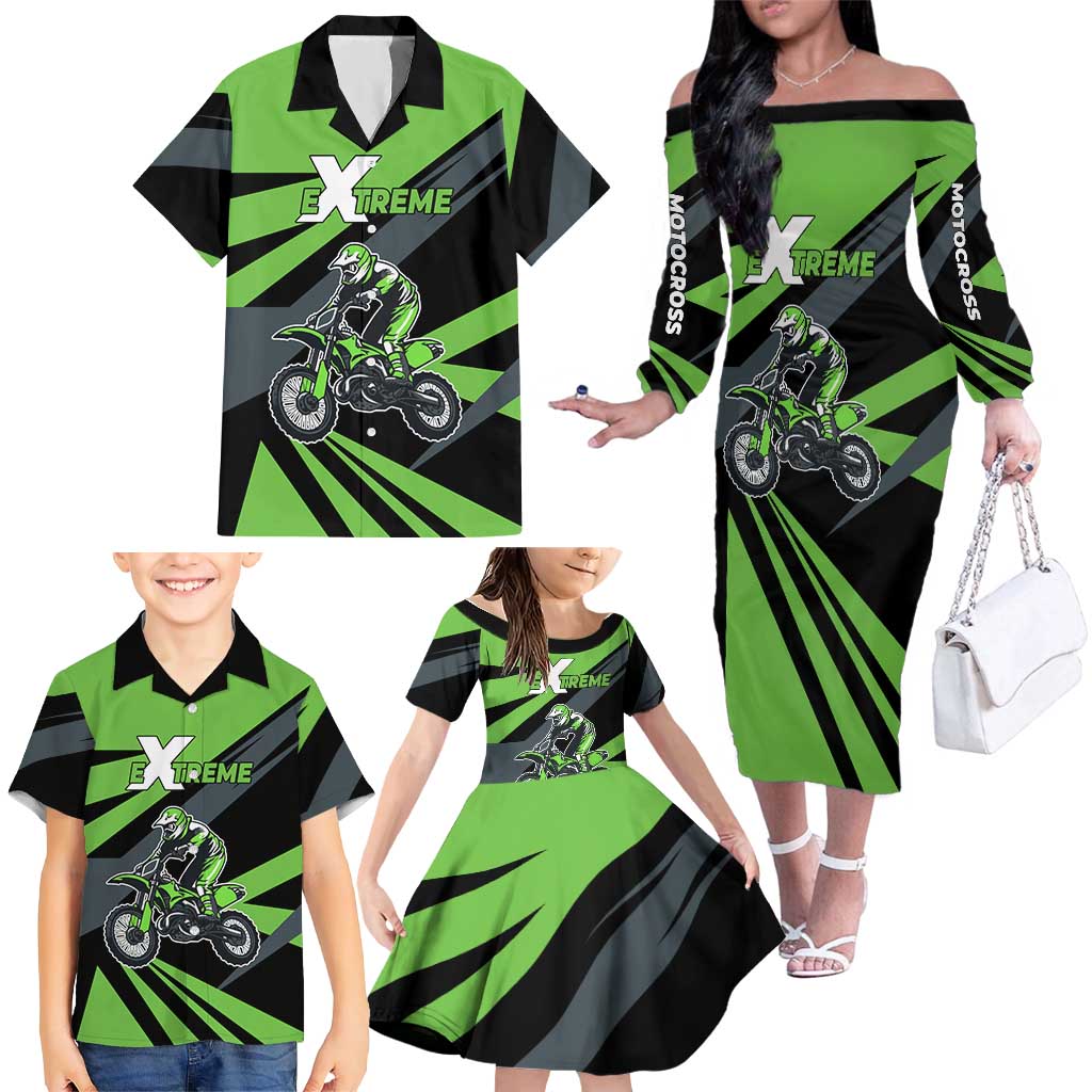 Custom Green Extreme Motocross Family Matching Off The Shoulder Long Sleeve Dress and Hawaiian Shirt Dirt Bike Rider Design - Wonder Print Shop
