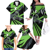 Custom Green Extreme Motocross Family Matching Off The Shoulder Long Sleeve Dress and Hawaiian Shirt Dirt Bike Rider Design - Wonder Print Shop