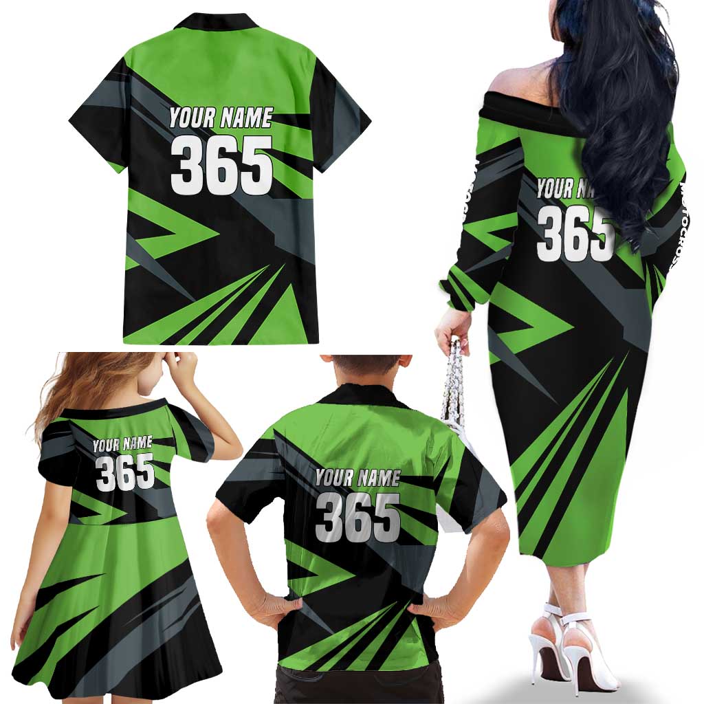 Custom Green Extreme Motocross Family Matching Off The Shoulder Long Sleeve Dress and Hawaiian Shirt Dirt Bike Rider Design - Wonder Print Shop