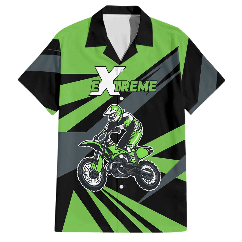 Custom Green Extreme Motocross Family Matching Off The Shoulder Long Sleeve Dress and Hawaiian Shirt Dirt Bike Rider Design - Wonder Print Shop