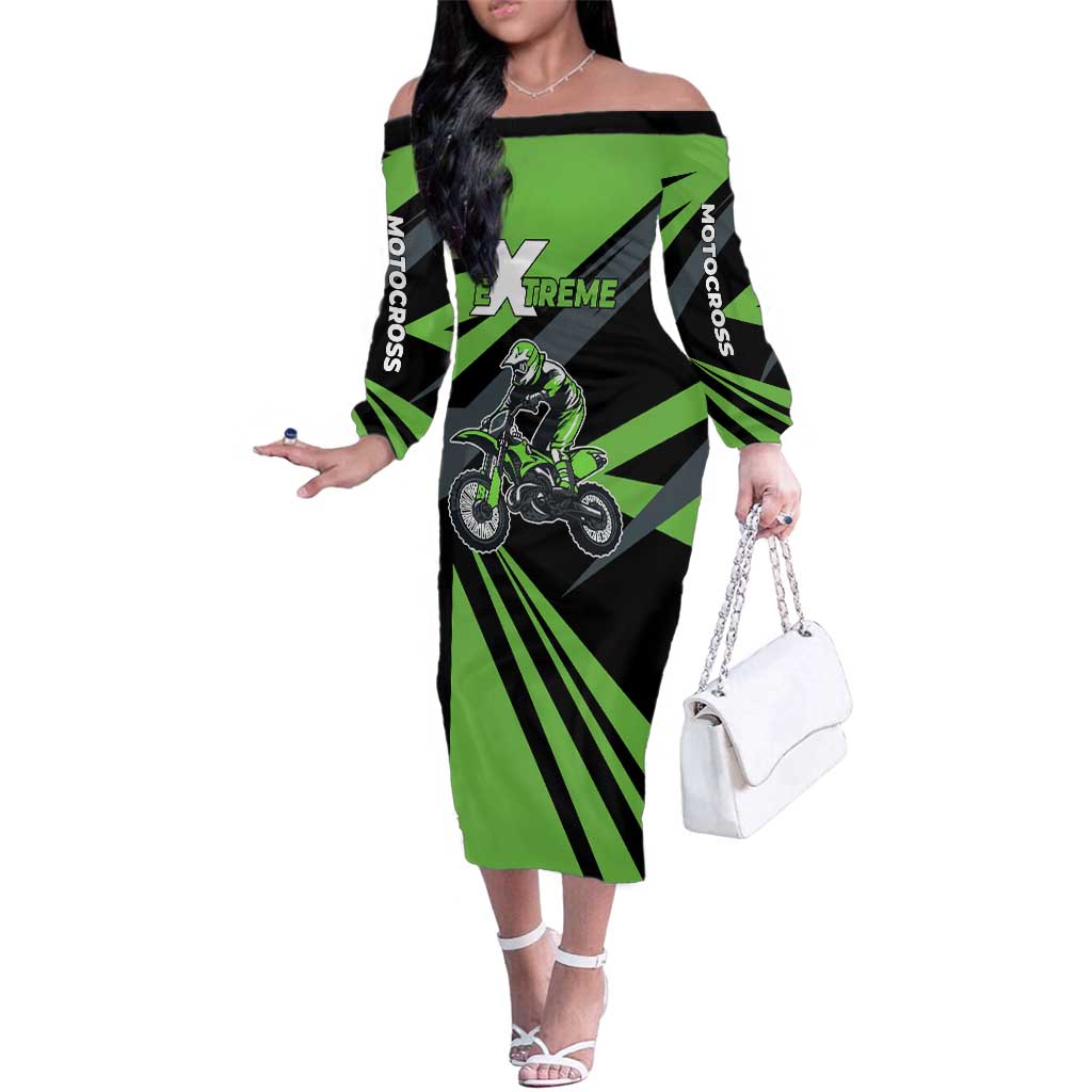 Custom Green Extreme Motocross Family Matching Off The Shoulder Long Sleeve Dress and Hawaiian Shirt Dirt Bike Rider Design - Wonder Print Shop
