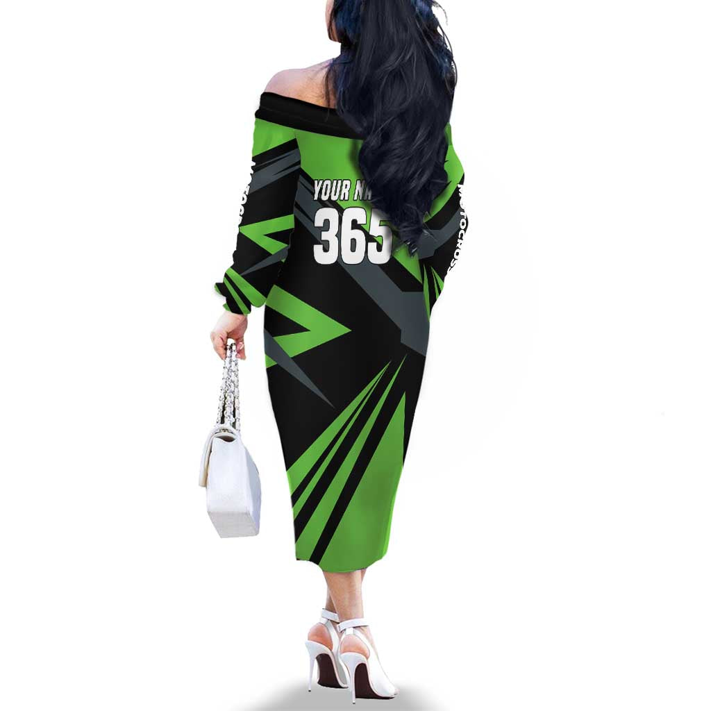 Custom Green Extreme Motocross Family Matching Off The Shoulder Long Sleeve Dress and Hawaiian Shirt Dirt Bike Rider Design - Wonder Print Shop