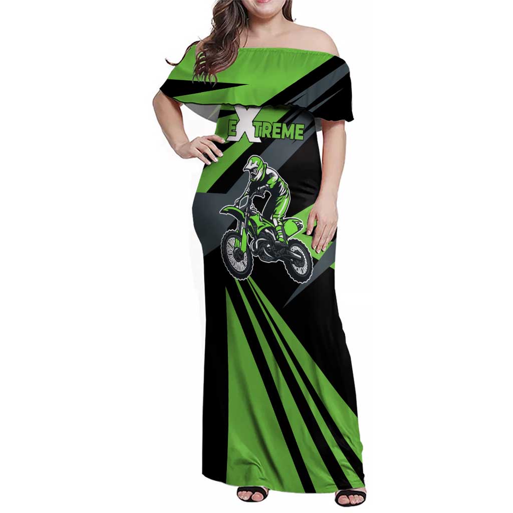 Custom Green Extreme Motocross Family Matching Off Shoulder Maxi Dress and Hawaiian Shirt Dirt Bike Rider Design - Wonder Print Shop