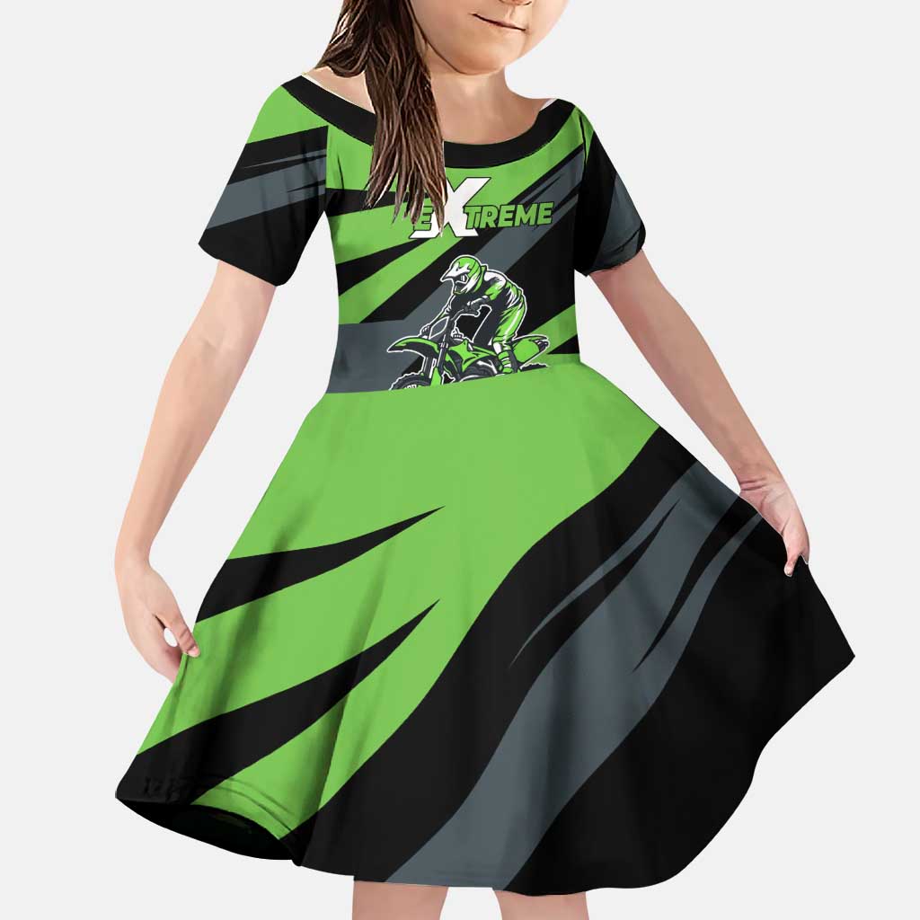 Custom Green Extreme Motocross Family Matching Off Shoulder Short Dress and Hawaiian Shirt Dirt Bike Rider Design - Wonder Print Shop