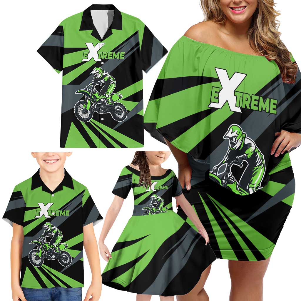 Custom Green Extreme Motocross Family Matching Off Shoulder Short Dress and Hawaiian Shirt Dirt Bike Rider Design - Wonder Print Shop