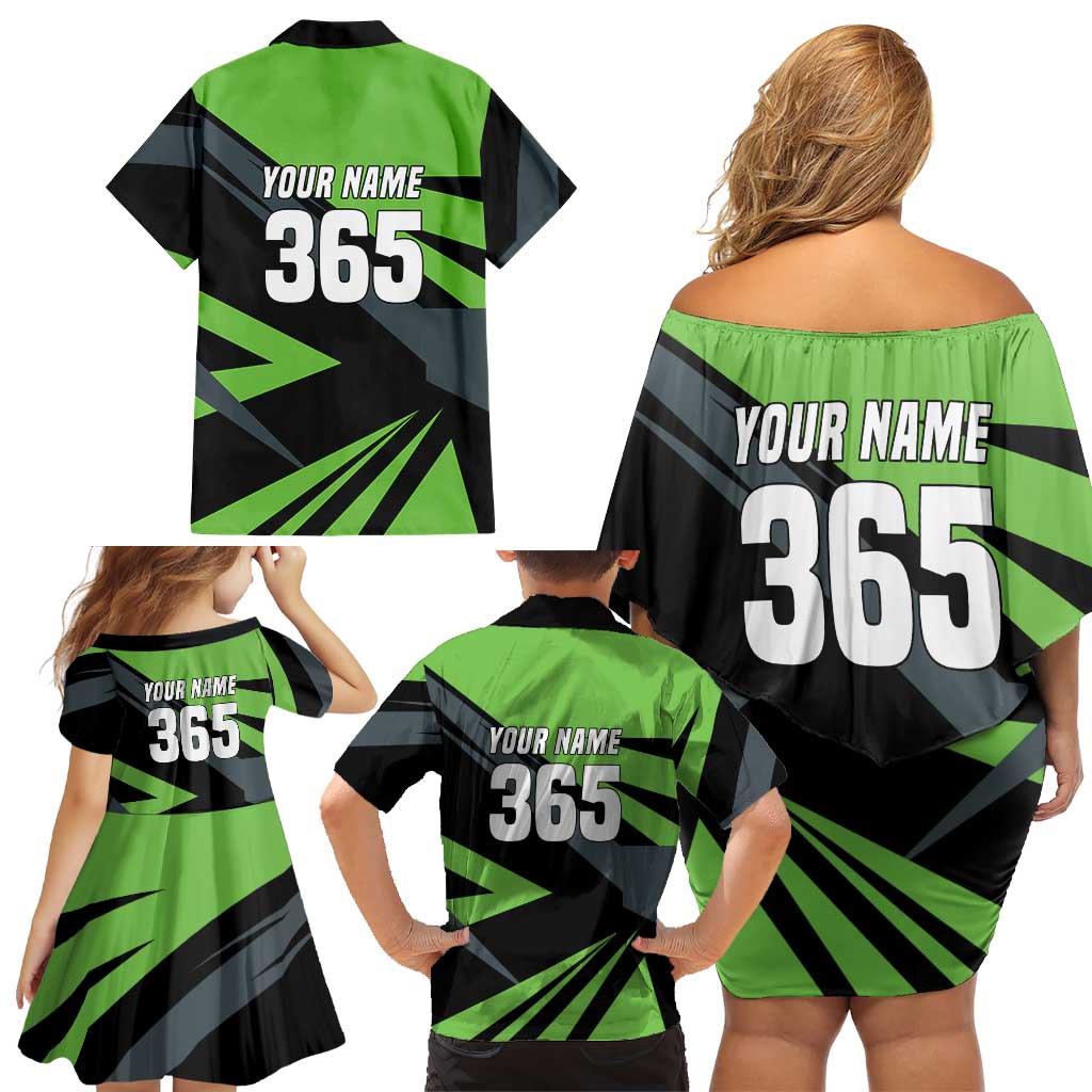 Custom Green Extreme Motocross Family Matching Off Shoulder Short Dress and Hawaiian Shirt Dirt Bike Rider Design - Wonder Print Shop