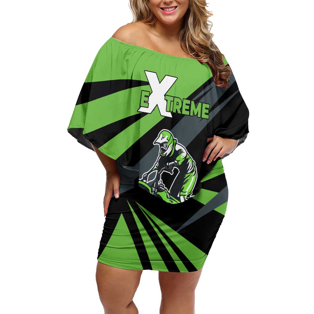 Custom Green Extreme Motocross Family Matching Off Shoulder Short Dress and Hawaiian Shirt Dirt Bike Rider Design - Wonder Print Shop