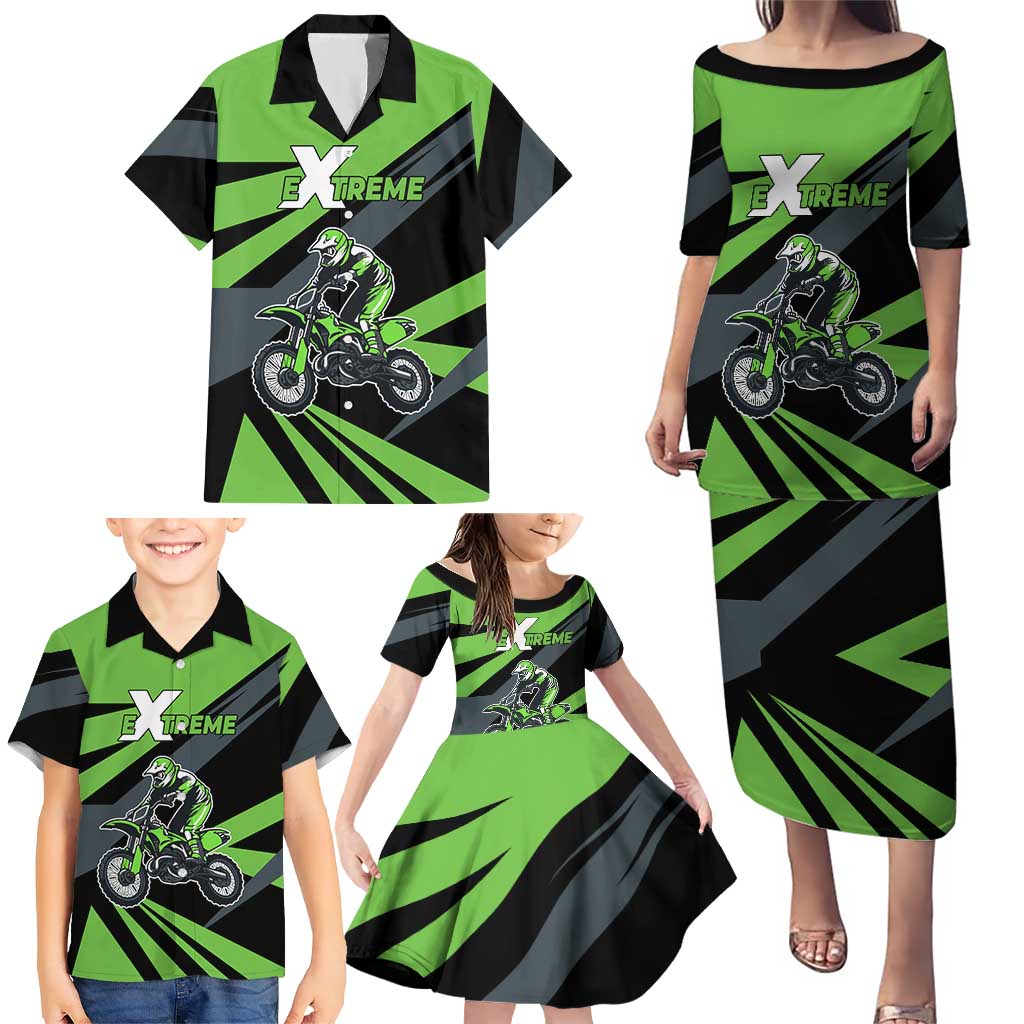 Custom Green Extreme Motocross Family Matching Puletasi and Hawaiian Shirt Dirt Bike Rider Design - Wonder Print Shop