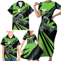 Custom Green Extreme Motocross Family Matching Short Sleeve Bodycon Dress and Hawaiian Shirt Dirt Bike Rider Design - Wonder Print Shop