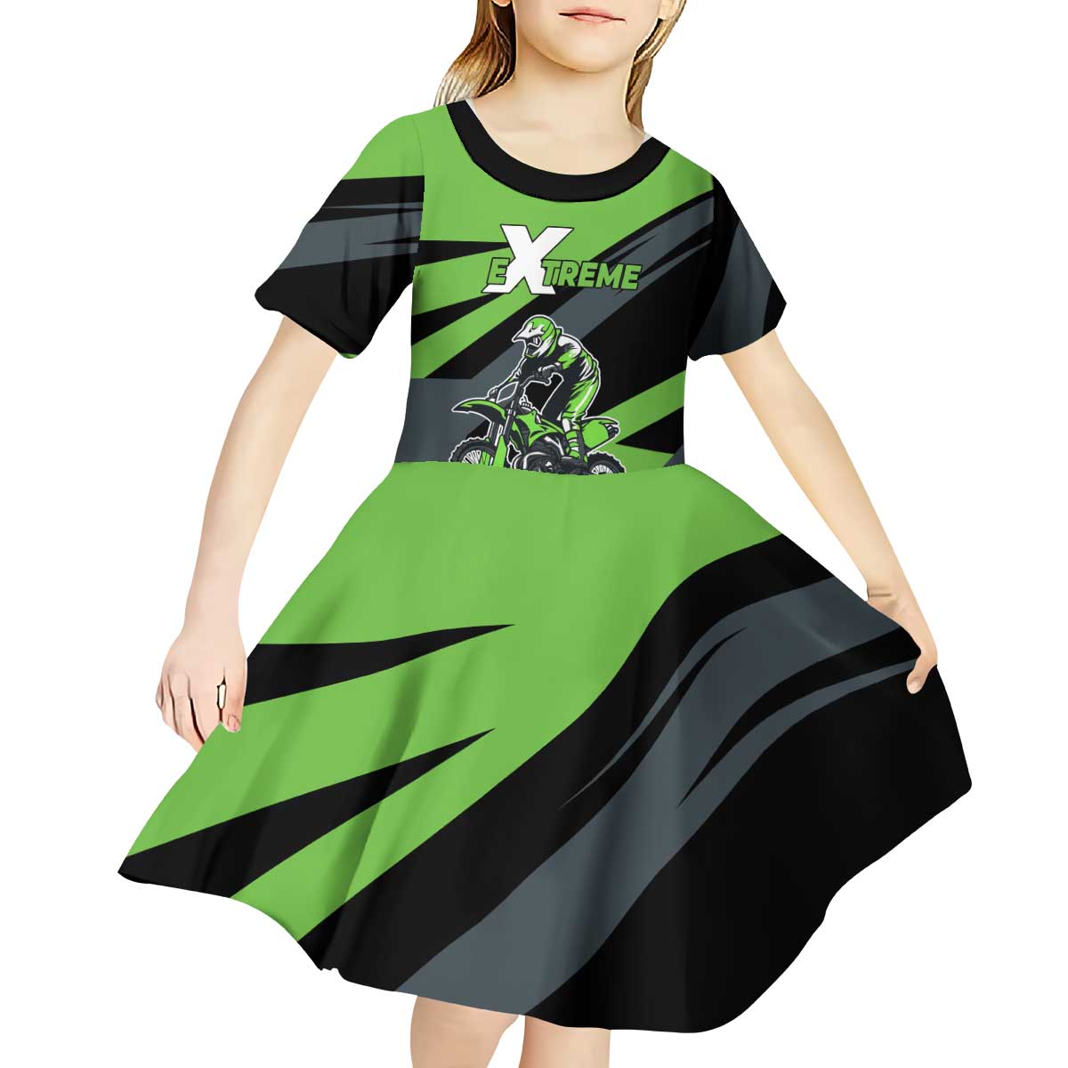 Custom Green Extreme Motocross Kid Short Sleeve Dress Dirt Bike Rider Design - Wonder Print Shop