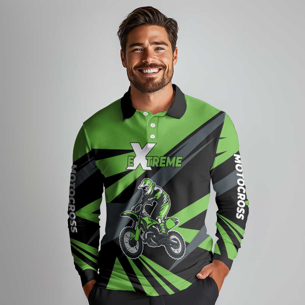 Custom Green Extreme Motocross Long Sleeve Polo Shirt Dirt Bike Rider Design - Wonder Print Shop