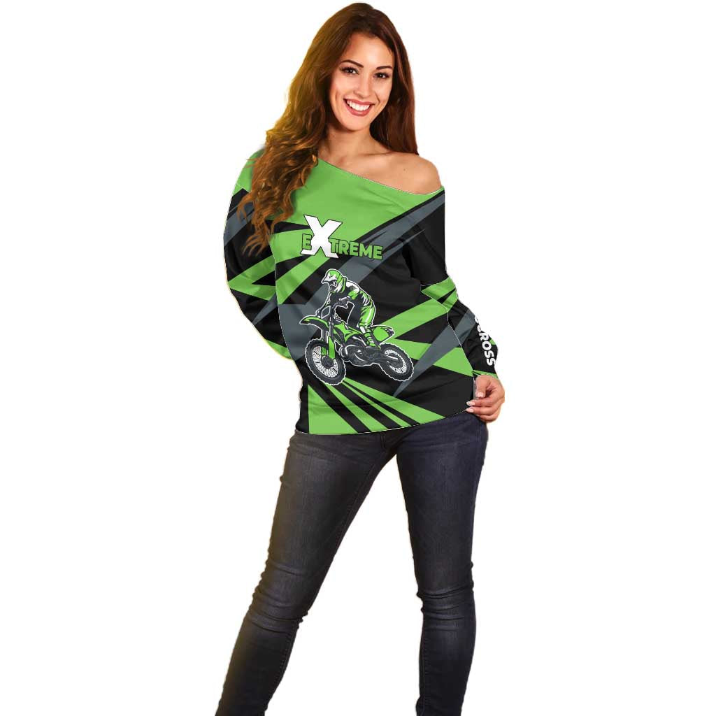 Custom Green Extreme Motocross Off Shoulder Sweater Dirt Bike Rider Design - Wonder Print Shop