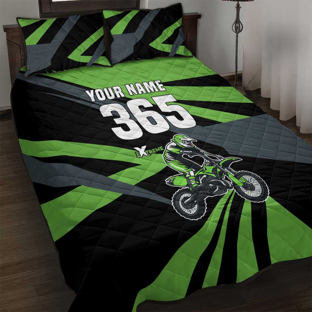 Custom Green Extreme Motocross Quilt Bed Set Dirt Bike Rider Design - Wonder Print Shop