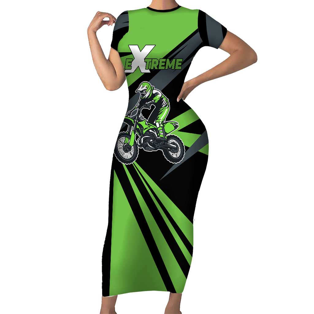 Custom Green Extreme Motocross Short Sleeve Bodycon Dress Dirt Bike Rider Design - Wonder Print Shop