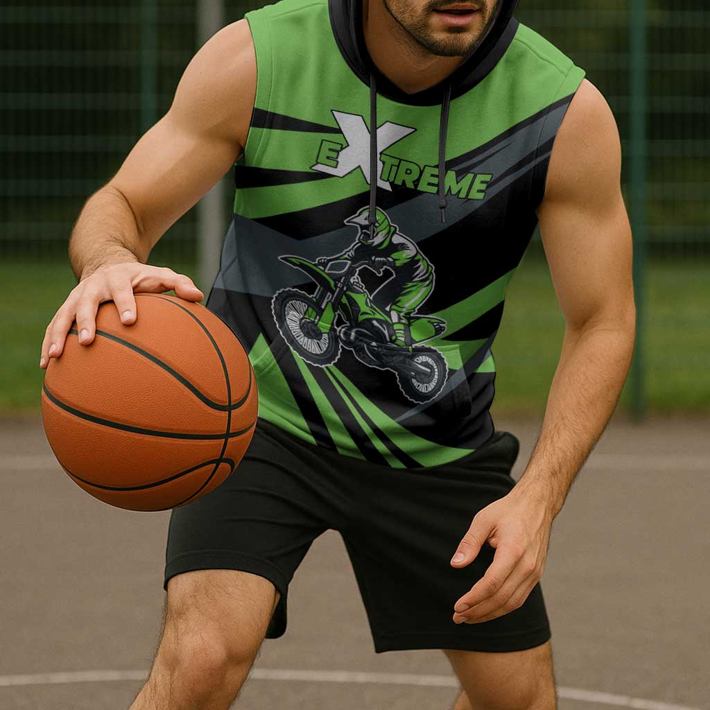 Custom Green Extreme Motocross Sleeveless Hoodie Dirt Bike Rider Design - Wonder Print Shop