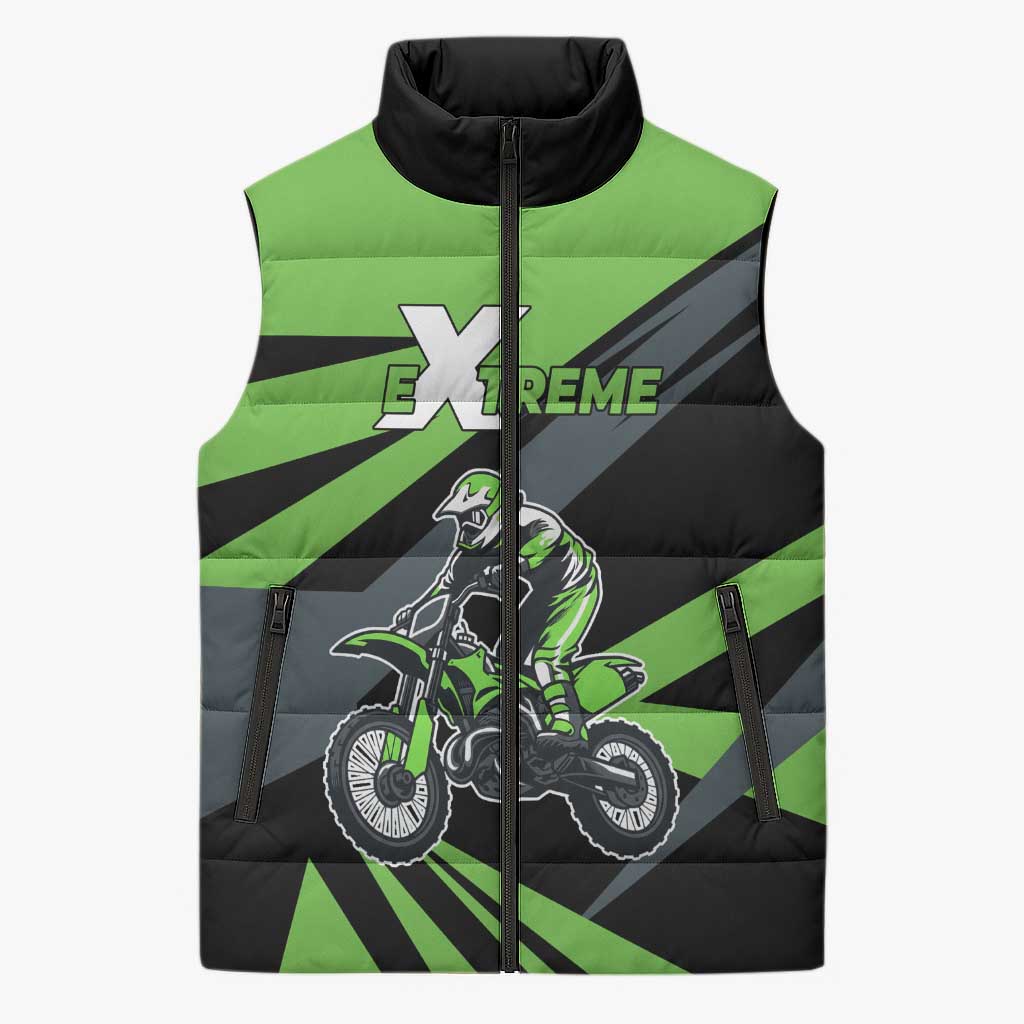 Custom Green Extreme Motocross Sleeveless Puffer Jacket Dirt Bike Rider Design - Wonder Print Shop
