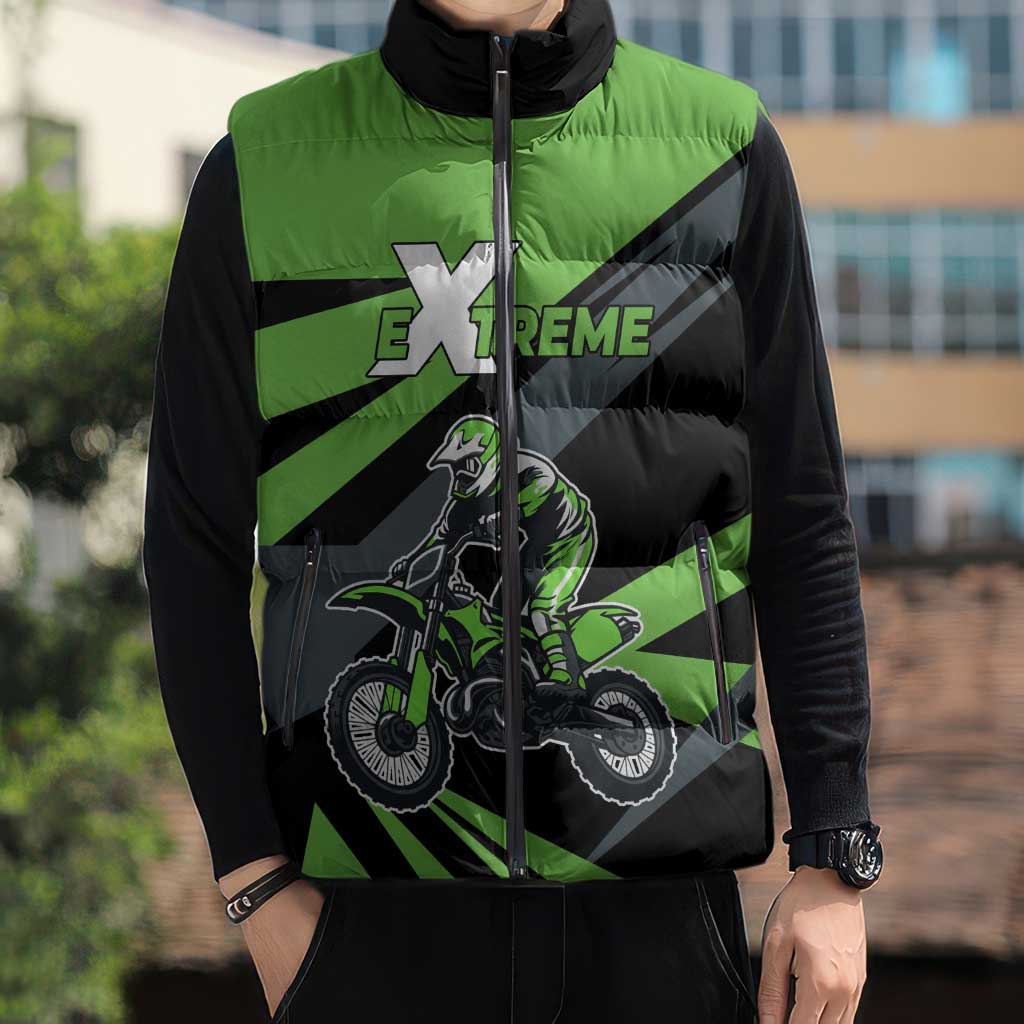 Custom Green Extreme Motocross Sleeveless Puffer Jacket Dirt Bike Rider Design - Wonder Print Shop