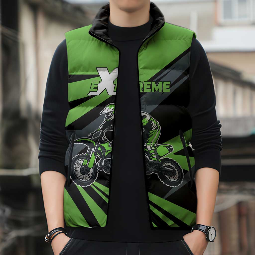 Custom Green Extreme Motocross Sleeveless Puffer Jacket Dirt Bike Rider Design - Wonder Print Shop