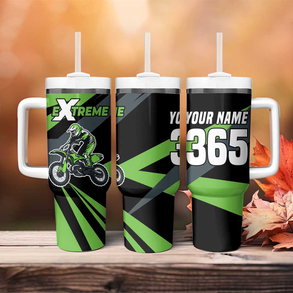 Custom Green Extreme Motocross Tumbler With Handle Dirt Bike Rider Design - Wonder Print Shop