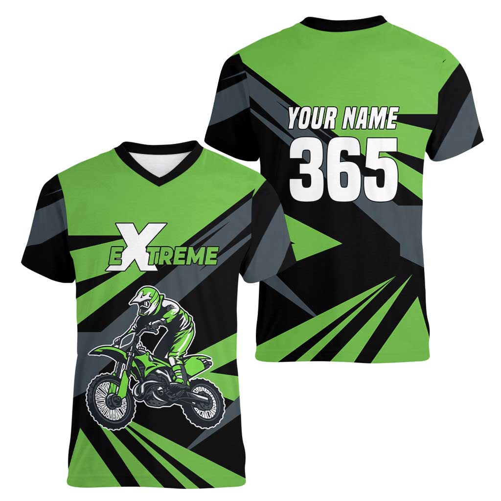 Custom Green Extreme Motocross Women V-Neck T-Shirt Dirt Bike Rider Design - Wonder Print Shop