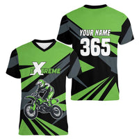 Custom Green Extreme Motocross Women V-Neck T-Shirt Dirt Bike Rider Design - Wonder Print Shop