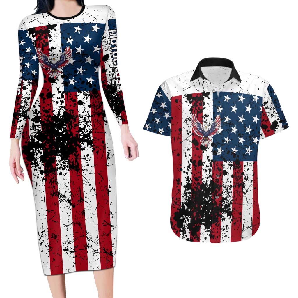 Custom American Flag Motocross Couples Matching Long Sleeve Bodycon Dress and Hawaiian Shirt with Eagle Graphic - Wonder Print Shop