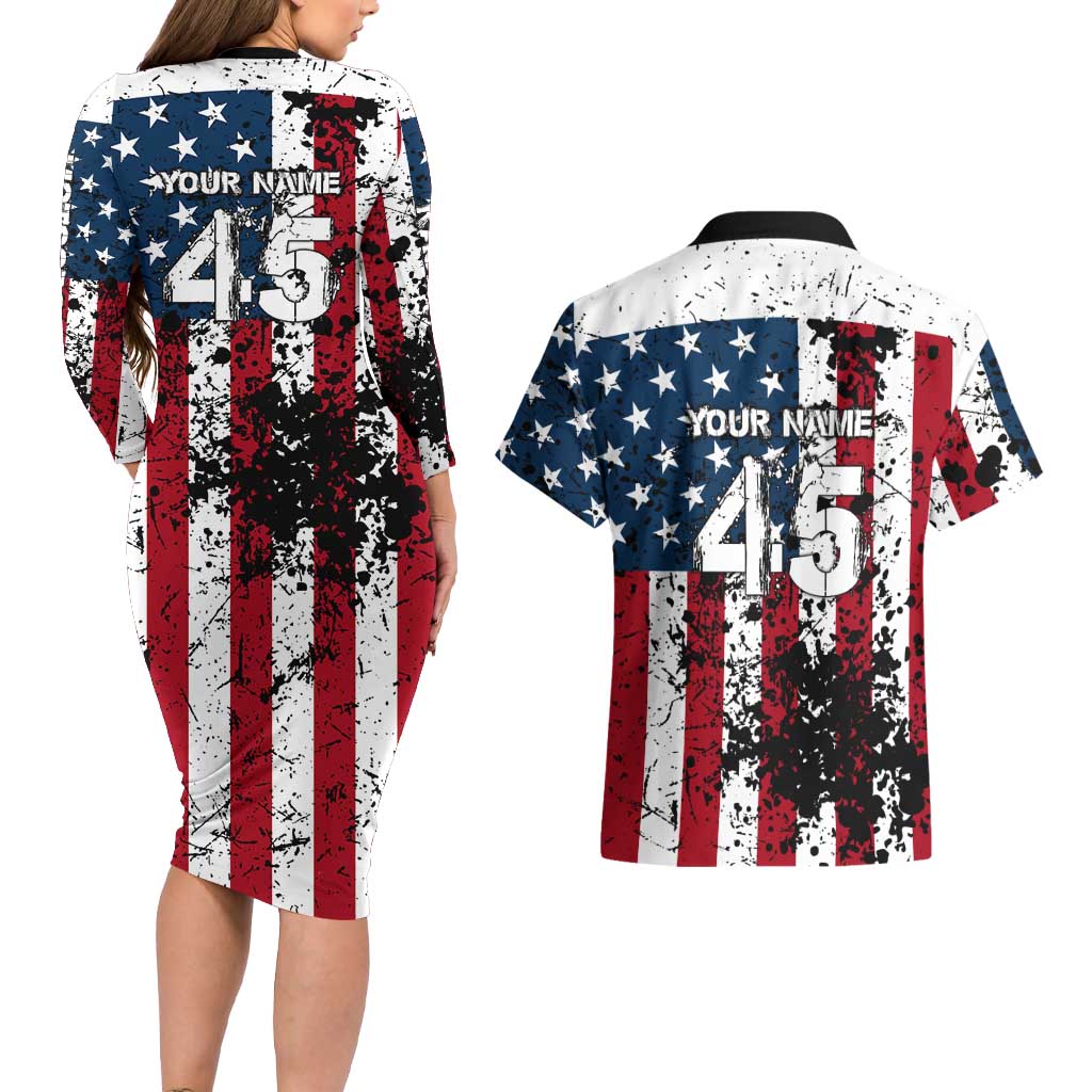 Custom American Flag Motocross Couples Matching Long Sleeve Bodycon Dress and Hawaiian Shirt with Eagle Graphic - Wonder Print Shop