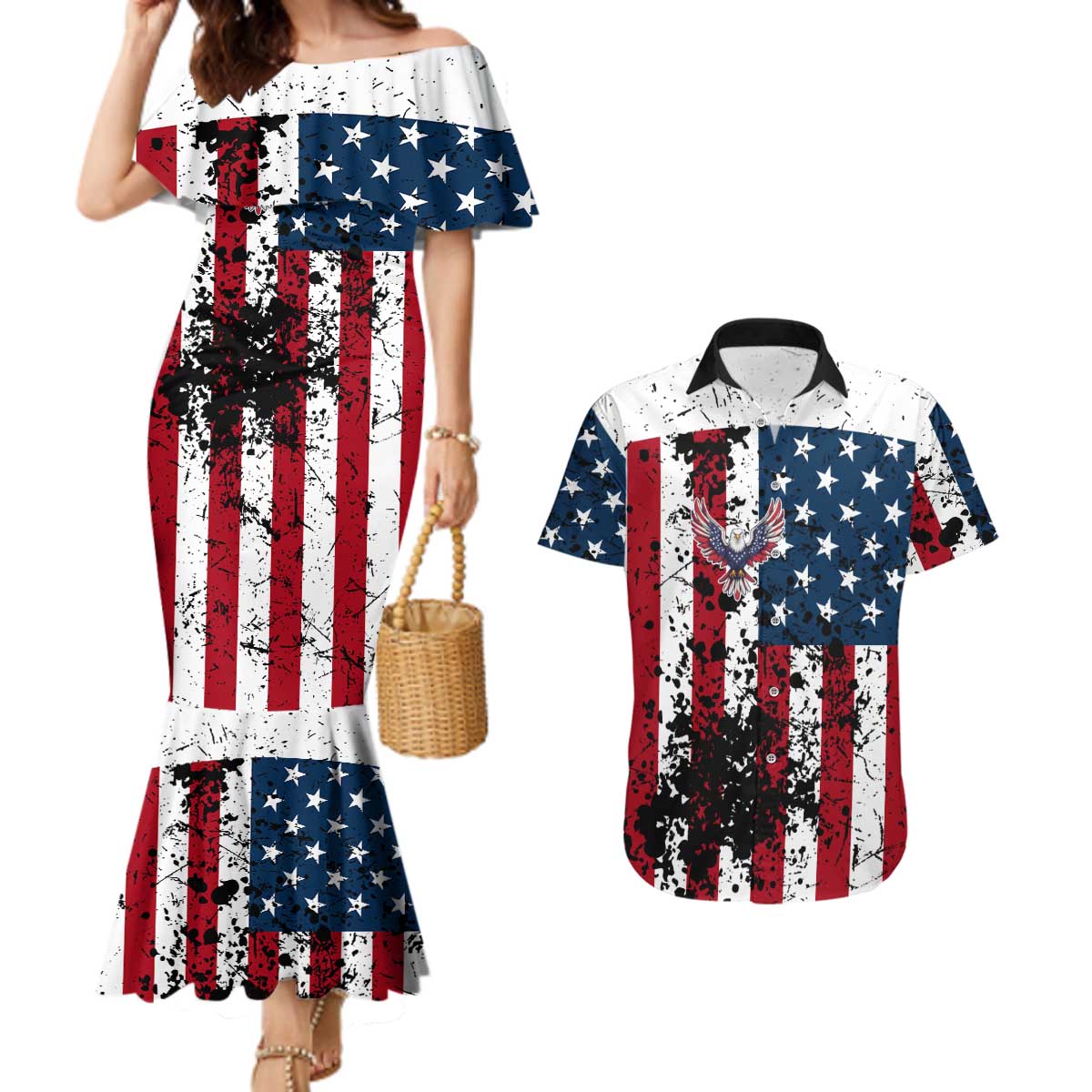 Custom American Flag Motocross Couples Matching Mermaid Dress and Hawaiian Shirt with Eagle Graphic - Wonder Print Shop