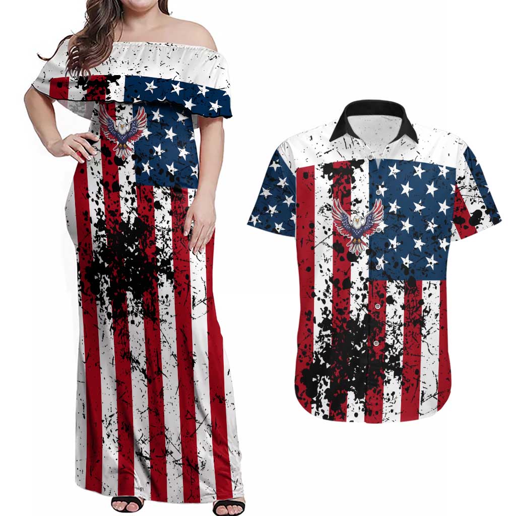Custom American Flag Motocross Couples Matching Off Shoulder Maxi Dress and Hawaiian Shirt with Eagle Graphic - Wonder Print Shop