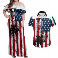Custom American Flag Motocross Couples Matching Off Shoulder Maxi Dress and Hawaiian Shirt with Eagle Graphic - Wonder Print Shop