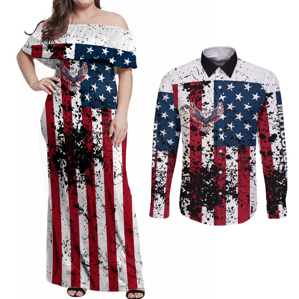Custom American Flag Motocross Couples Matching Off Shoulder Maxi Dress and Long Sleeve Button Shirt with Eagle Graphic - Wonder Print Shop